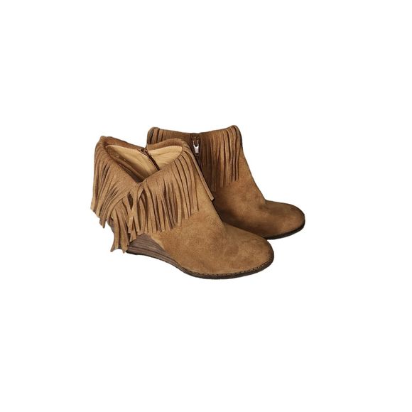 Lucky Brand Yachin Brown Suede  Wedge Ankle Fringe Bootie Women's Size 8.5‎ - Picture 1 of 4